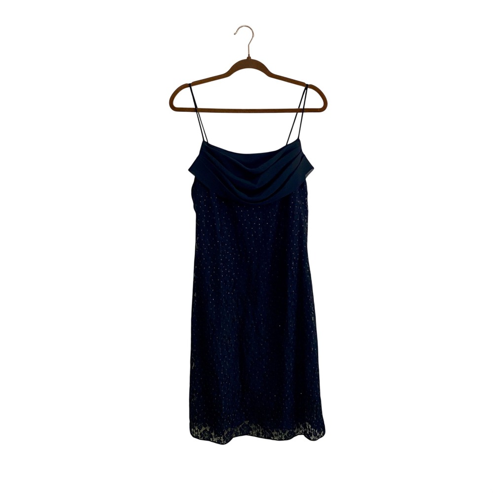 Vintage 90s Y2K Sally USA Black‎ Metallic Glitter Lace Cowl Neck Midi Dress